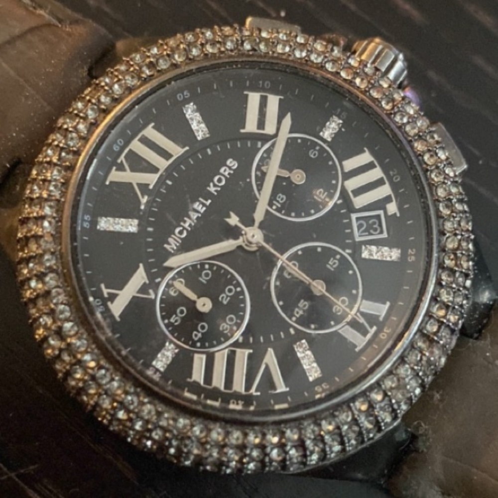 Michael Kors Stainless Steel Women Pave/crystal oversized leather band watch.